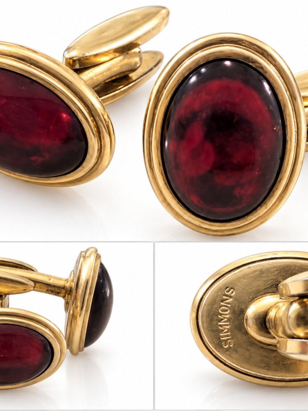 Vintage 1950s Simmons Ruby Red Glass Cabochon Cufflinks – Gold Tone Oval Mid Cen